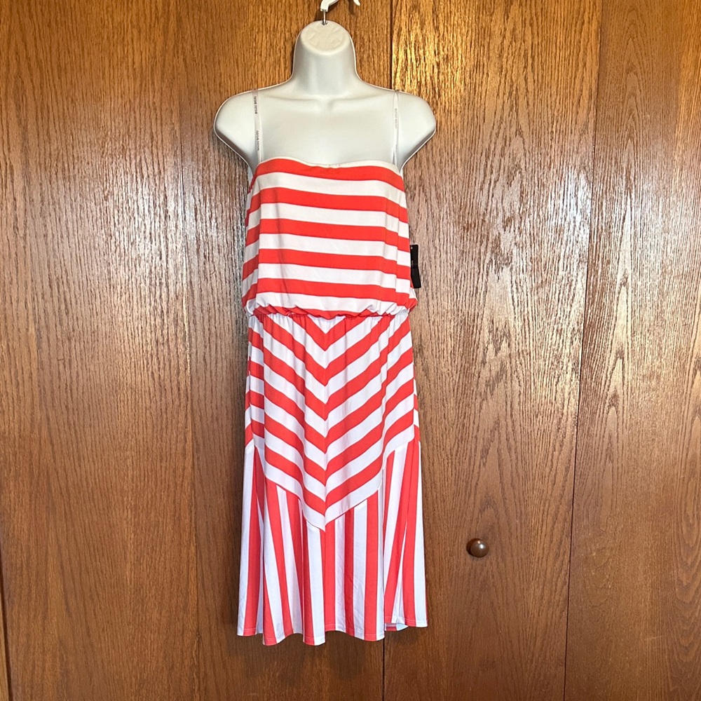 Bisou Bisou Coral and White Striped Strapless Dress